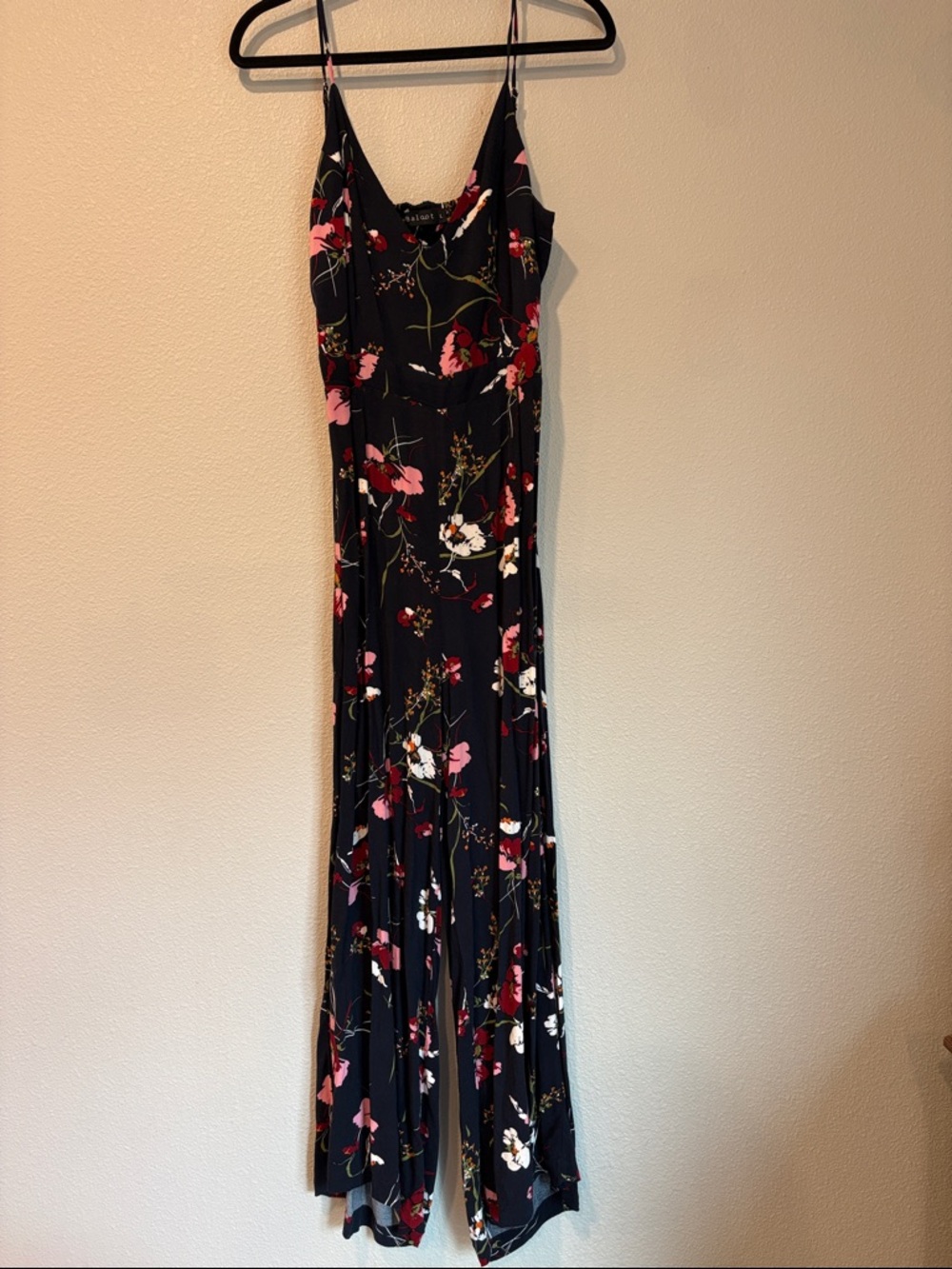 Floral Black Wide-Leg Jumpsuit with Pink & White Blooms